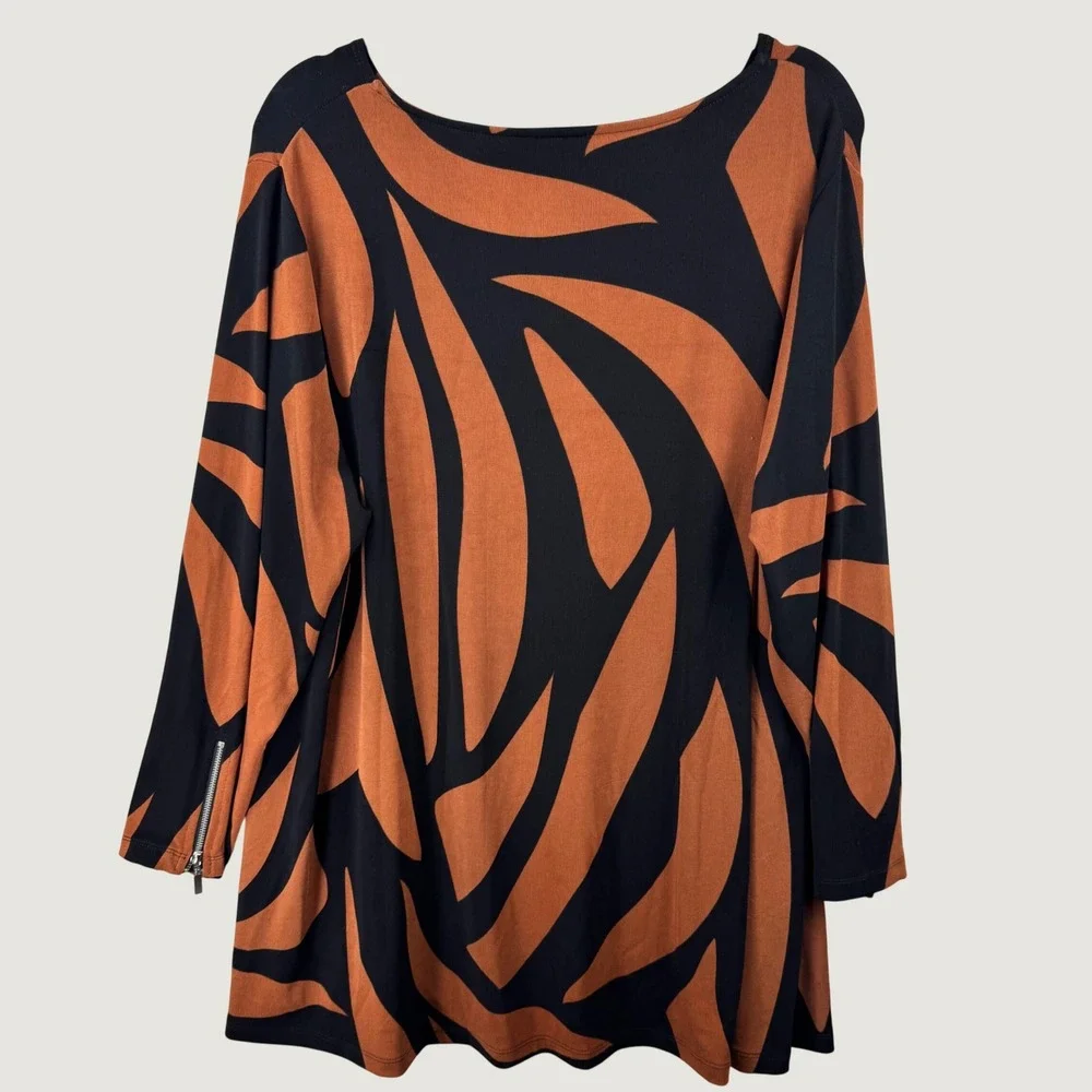 Chico's Travelers Top Womens 20/22 Rust Black Abstract Zipper Cuff Blouse